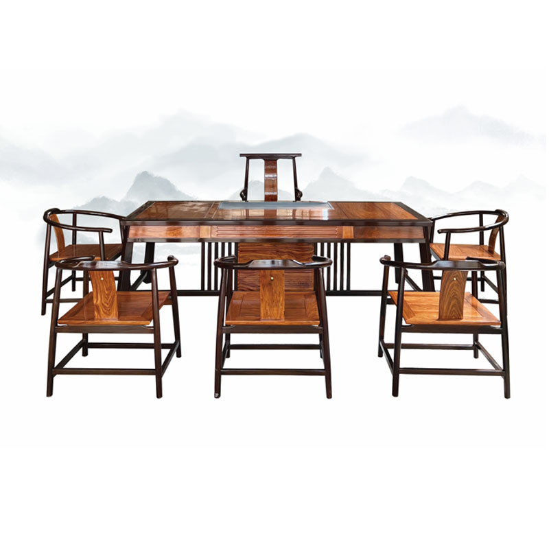 大道至简紫檀木茶台1官5大圈桌椅组合236*95*75cm/套